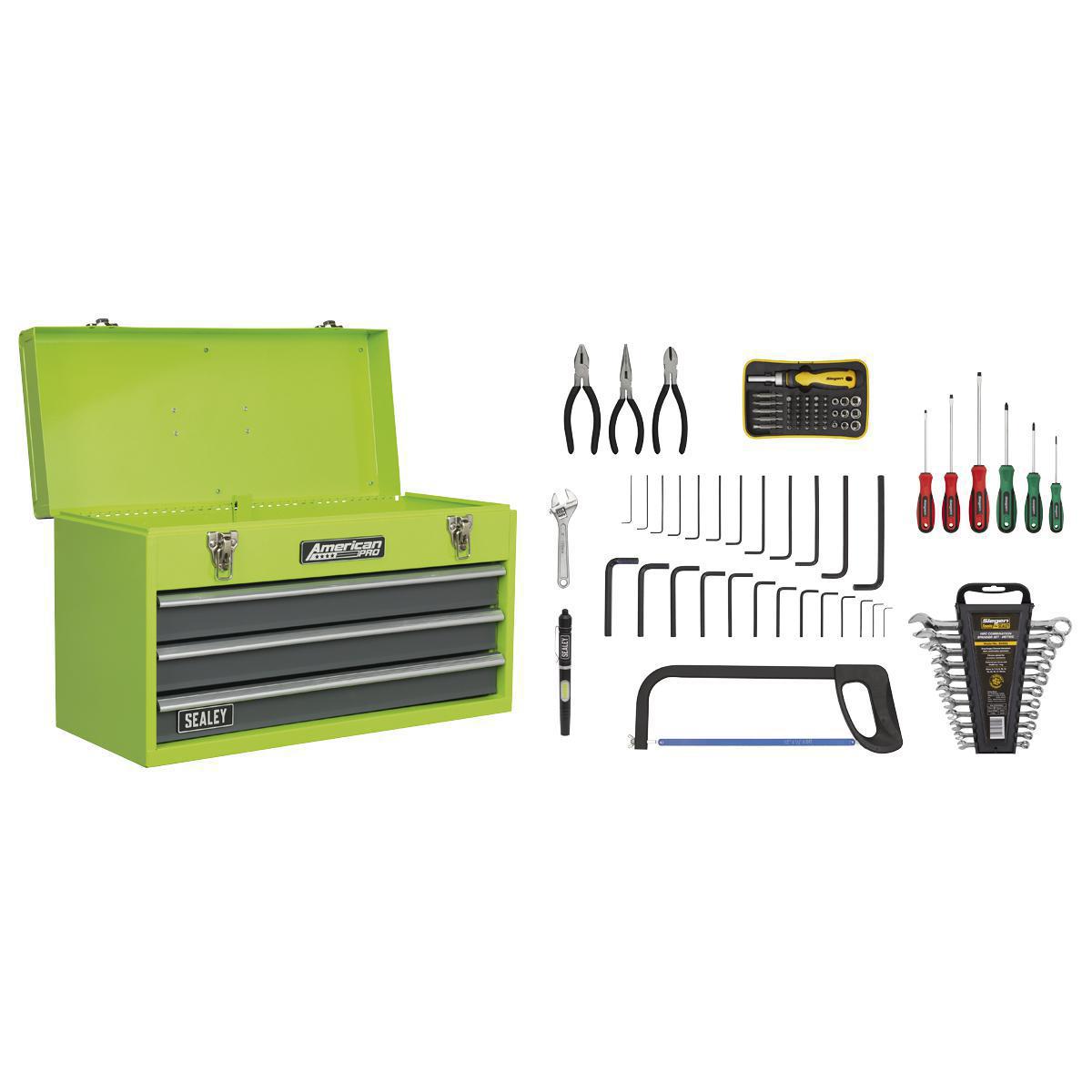 Portable Tool Chest 3 Drawer with Ball Bearing Slides - Hi-Vis & 93pc Tool Kit