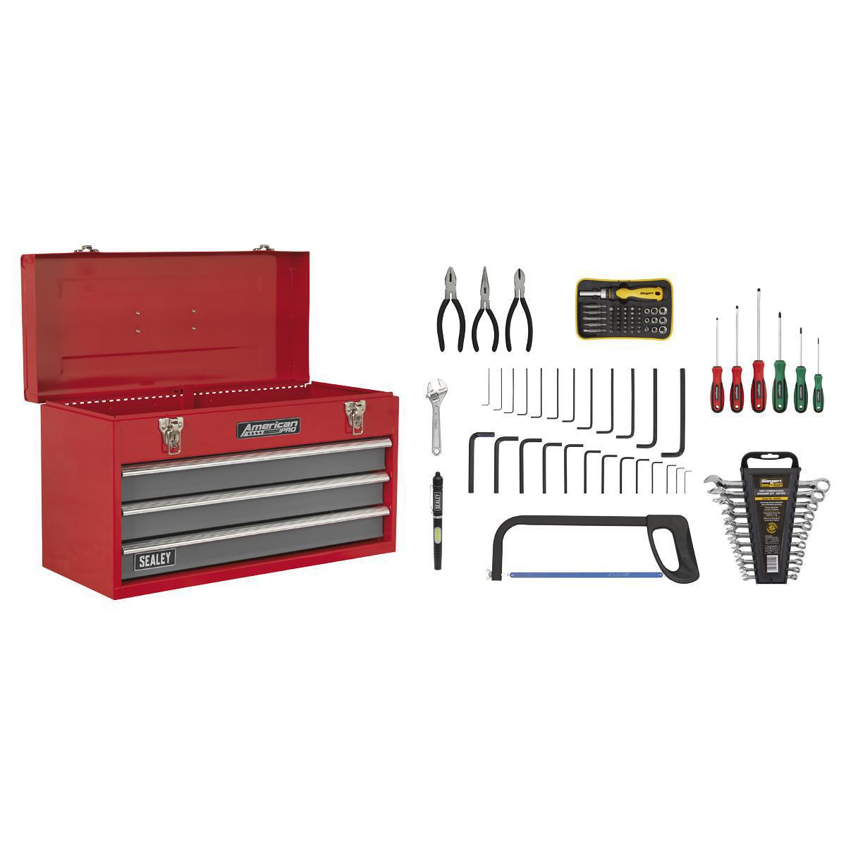 Portable Tool Chest 3 Drawer with Ball Bearing Slides - Red/Grey & 93pc Tool Kit