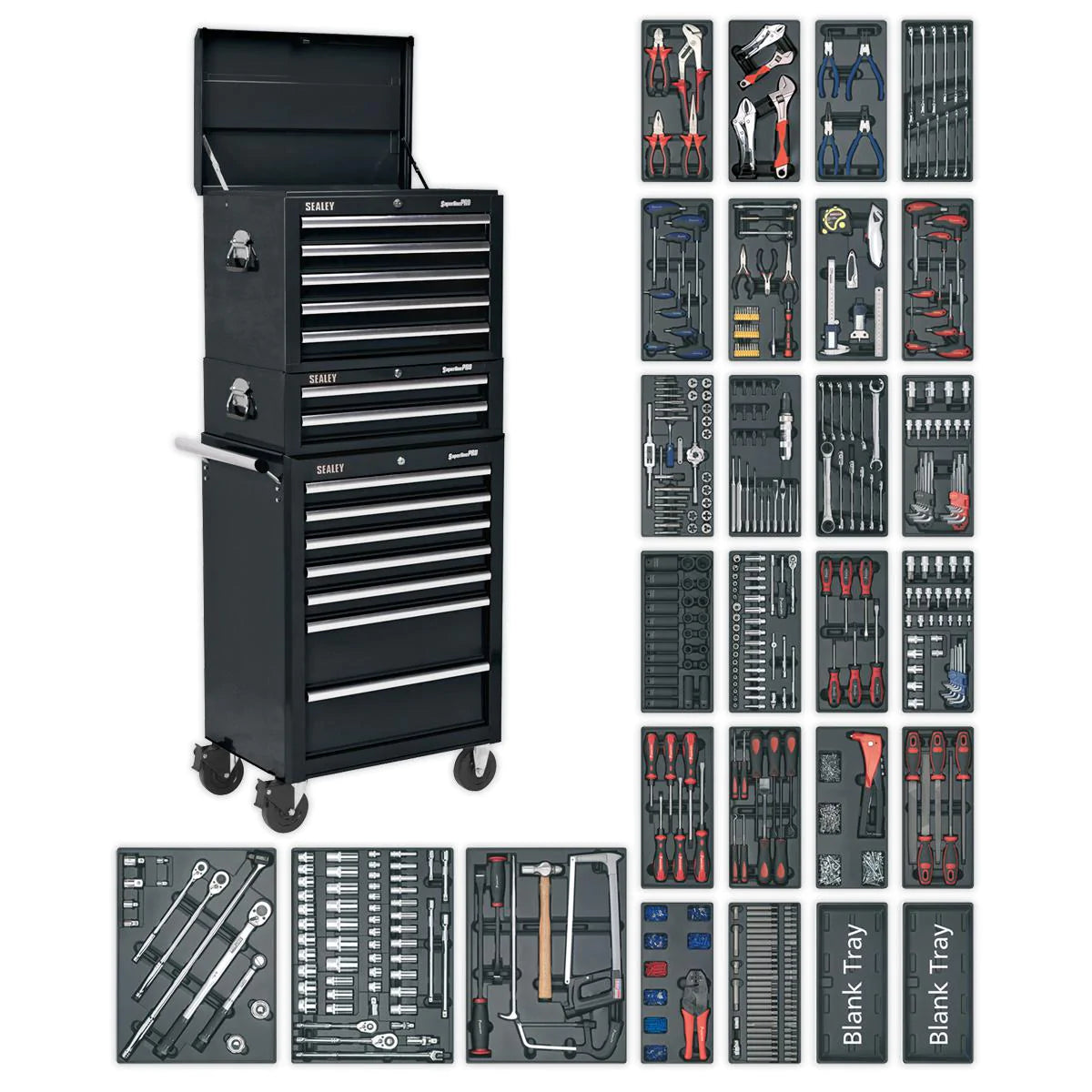 Tool Chest Combination 14 Drawer with Ball Bearing Slides - Black & 1179pc Tool Kit