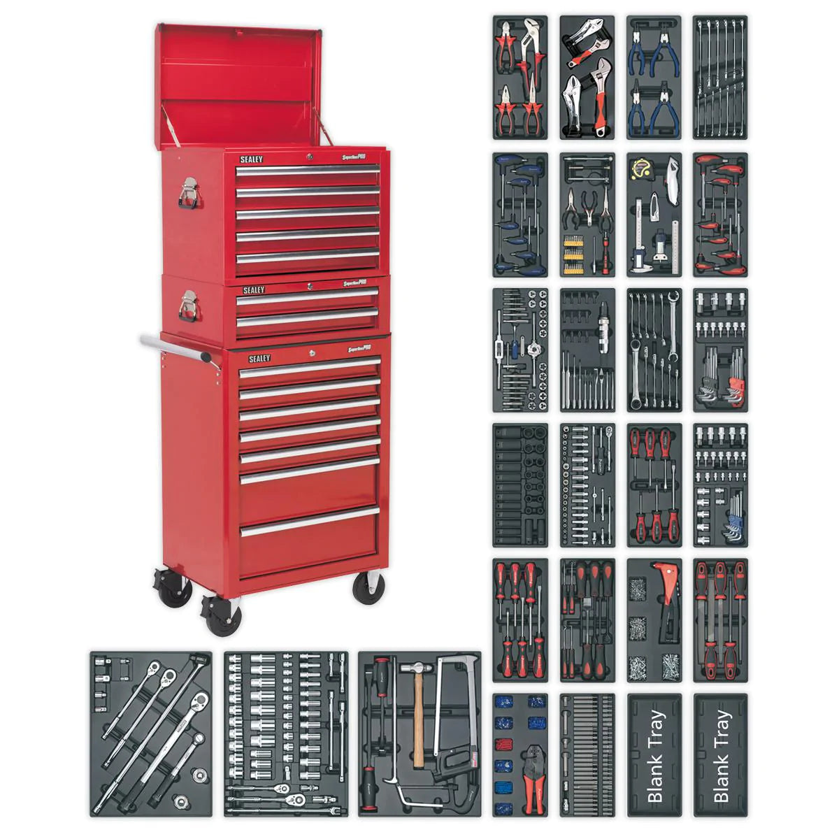 Tool Chest Combination 14 Drawer with Ball Bearing Slides - Red & 1179pc Tool Kit