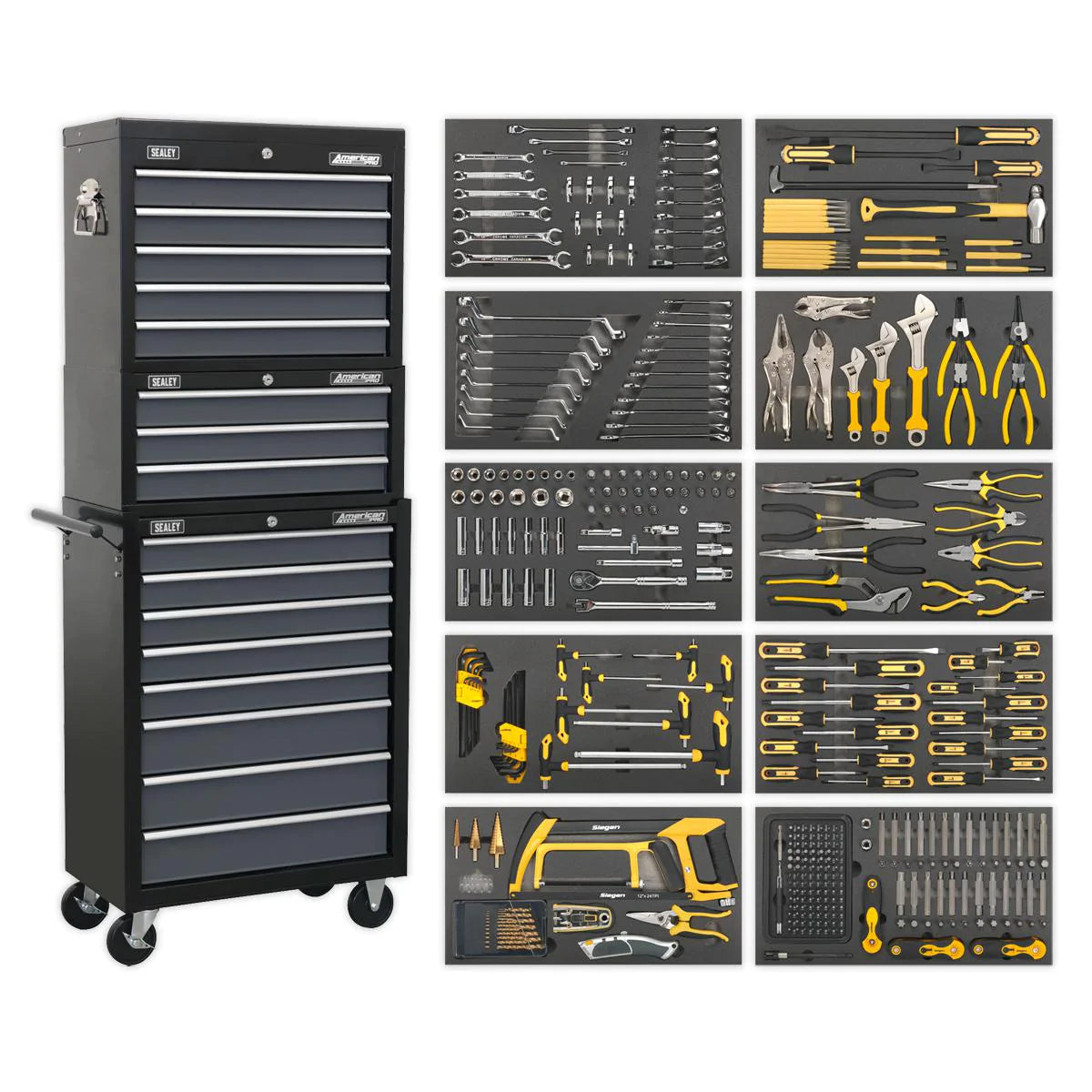 Tool Chest Combination 16 Drawer with Ball Bearing Slides - Black/Grey & 420pc Tool Kit