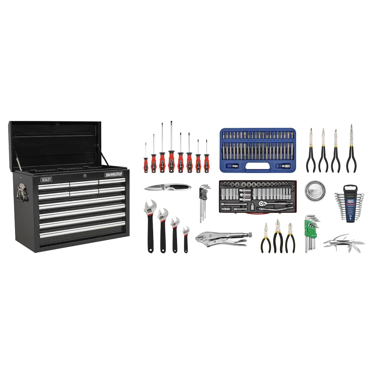 Topchest 10 Drawer with Ball Bearing Slides - Black & 140pc Tool Kit