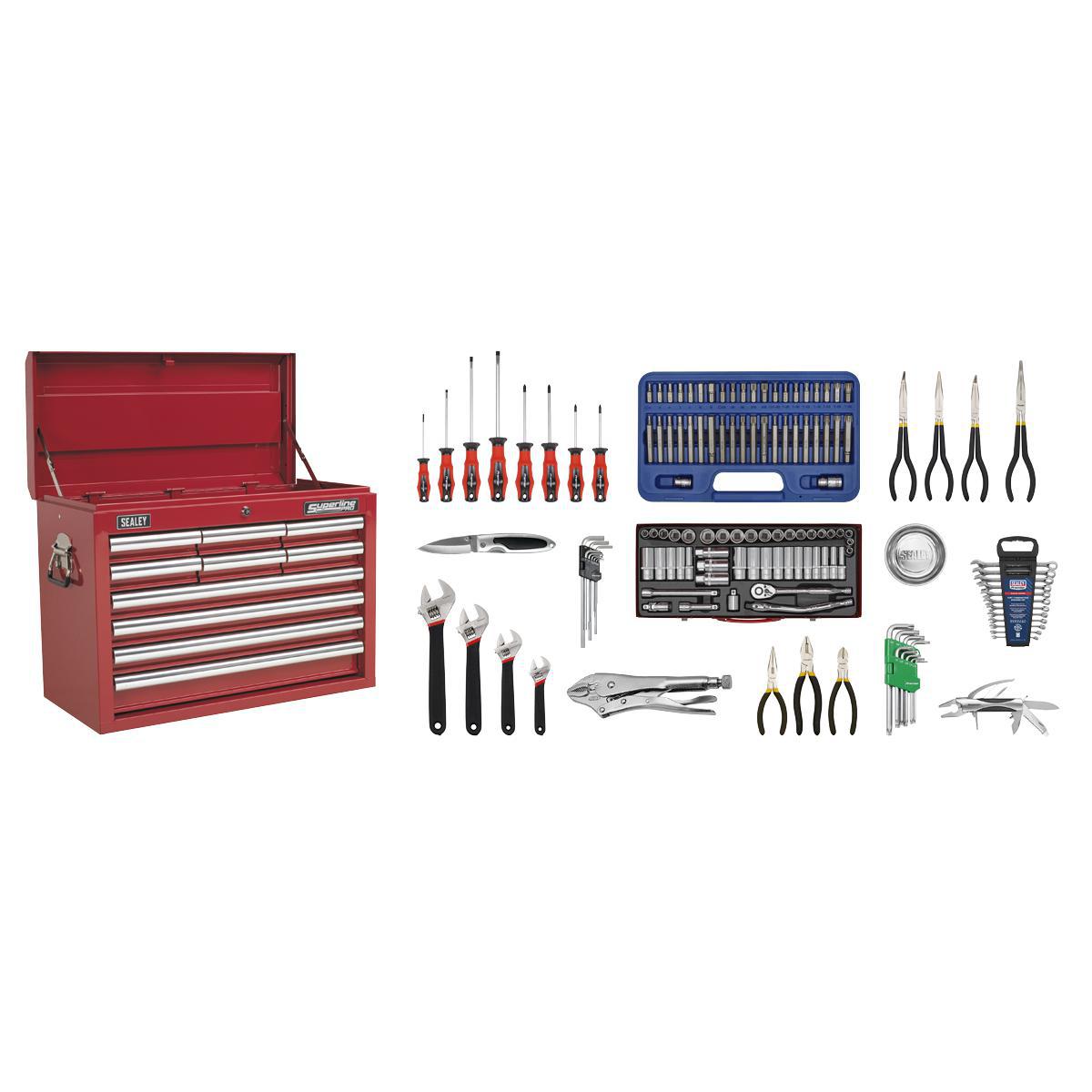 Topchest 10 Drawer with Ball Bearing Slides - Red & 140pc Tool Kit