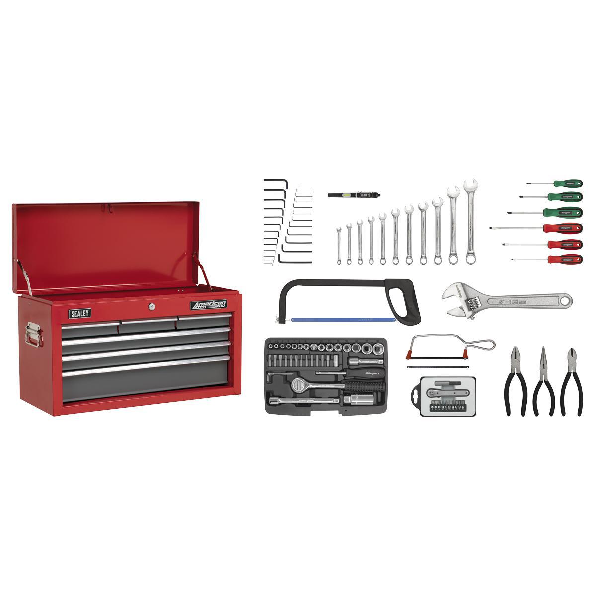 Topchest 6 Drawer with Ball-Bearing Slides - Red/Grey & 98pc Tool Kit