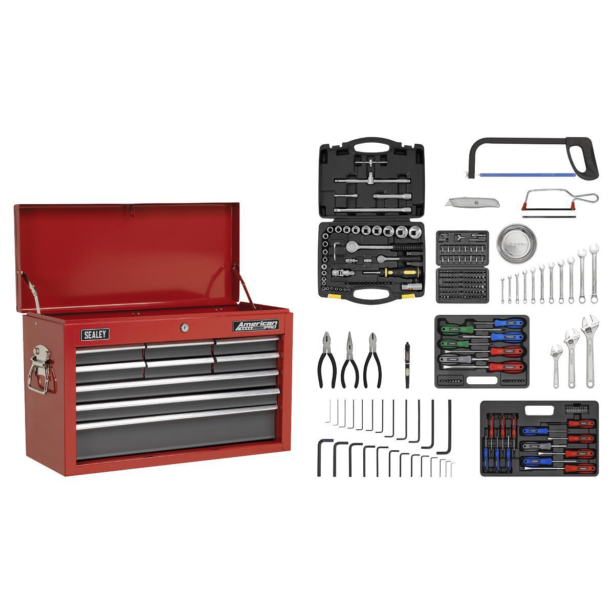 Topchest 9 Drawer with Ball-Bearing Slides - Red/Grey & 205pc Tool Kit