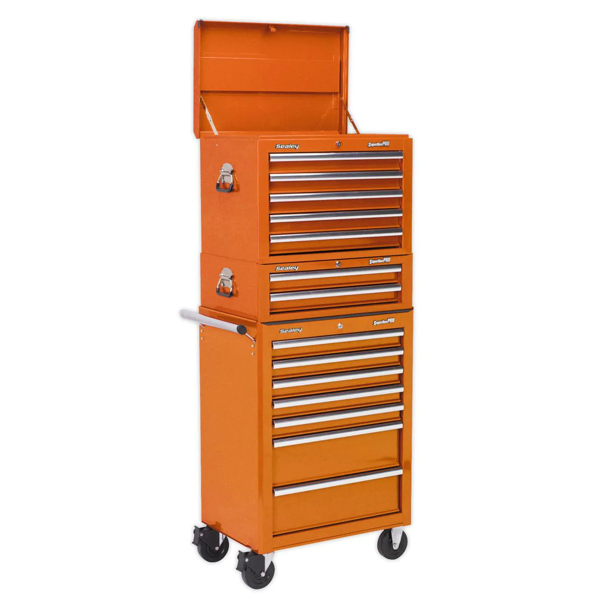 Top-Chest-, Mid-Box- und Rollcab-Kombination mit 14 Schubladen und kugelgelagerten Schienen – Orange