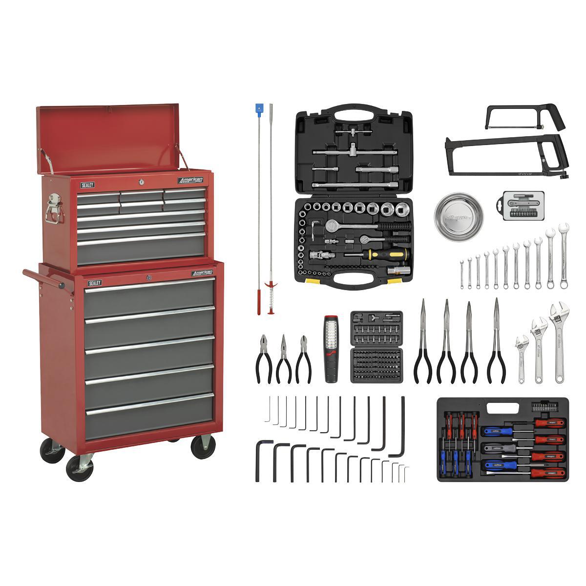 Topchest & Rollcab Combination 14 Drawer with Ball-Bearing Slides - Red/Grey & 239pc Tool Kit